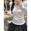 V-neck button design pure desire long-sleeved bottoming shirt for women early autumn gray slim waist T-shirt gentle wind top