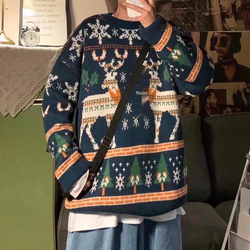 

Men s Retro Christmas Sweater: Thick, Loose, Knit Pullover in Hong Kong Style for Autumn and Winter M синій