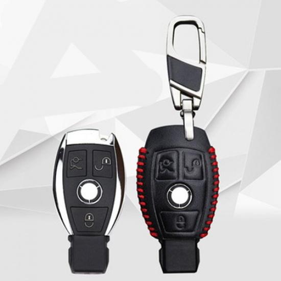 Uncut Leather Car Key Case Fob SUV For Mercedes Benz Remote Three Buttons