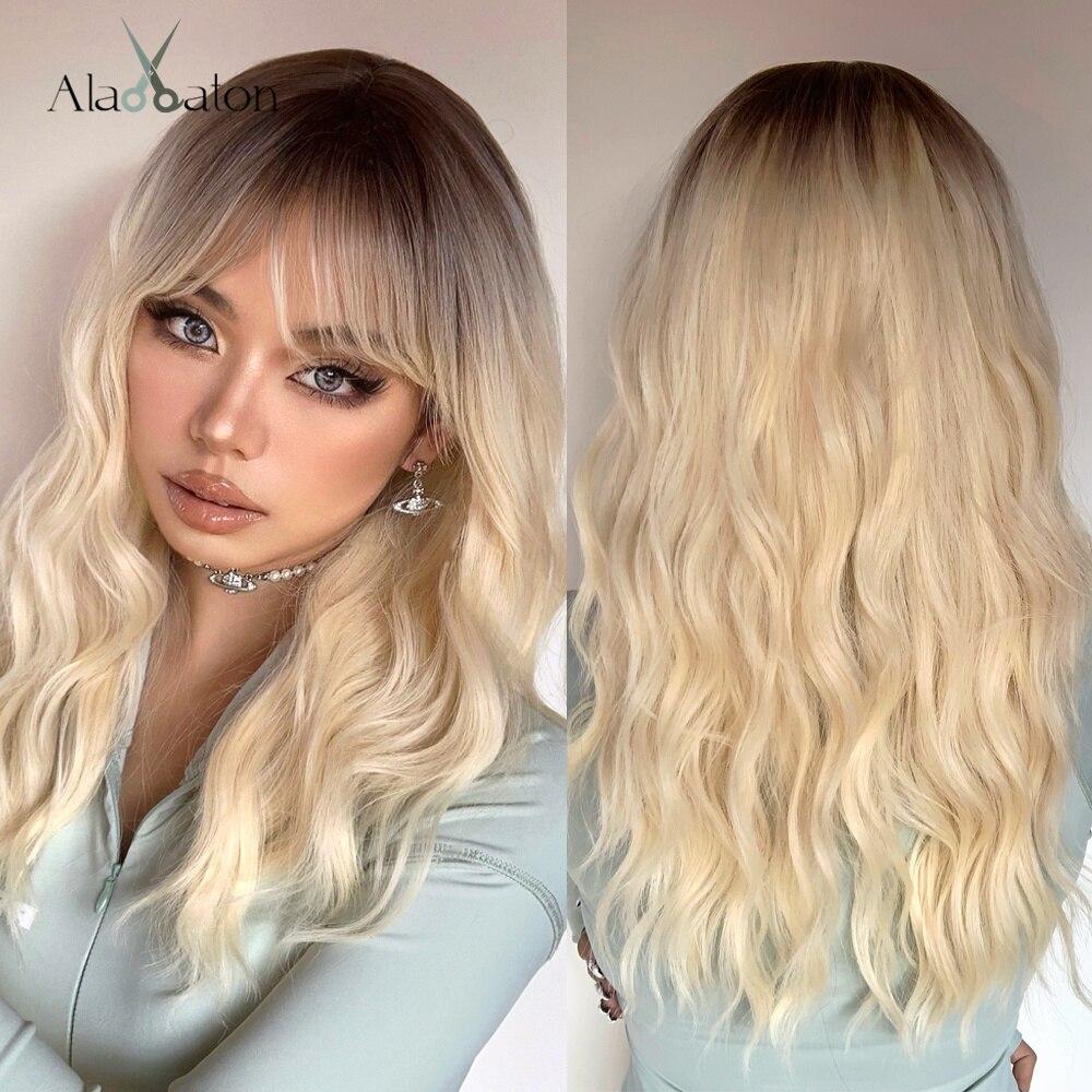ALAN EATON Ombre Black Brown Orange Synthetic Bangs Wigs Short Wavy Bob Wigs for Women Natural Daily Cosplay Hair Heat Resistant