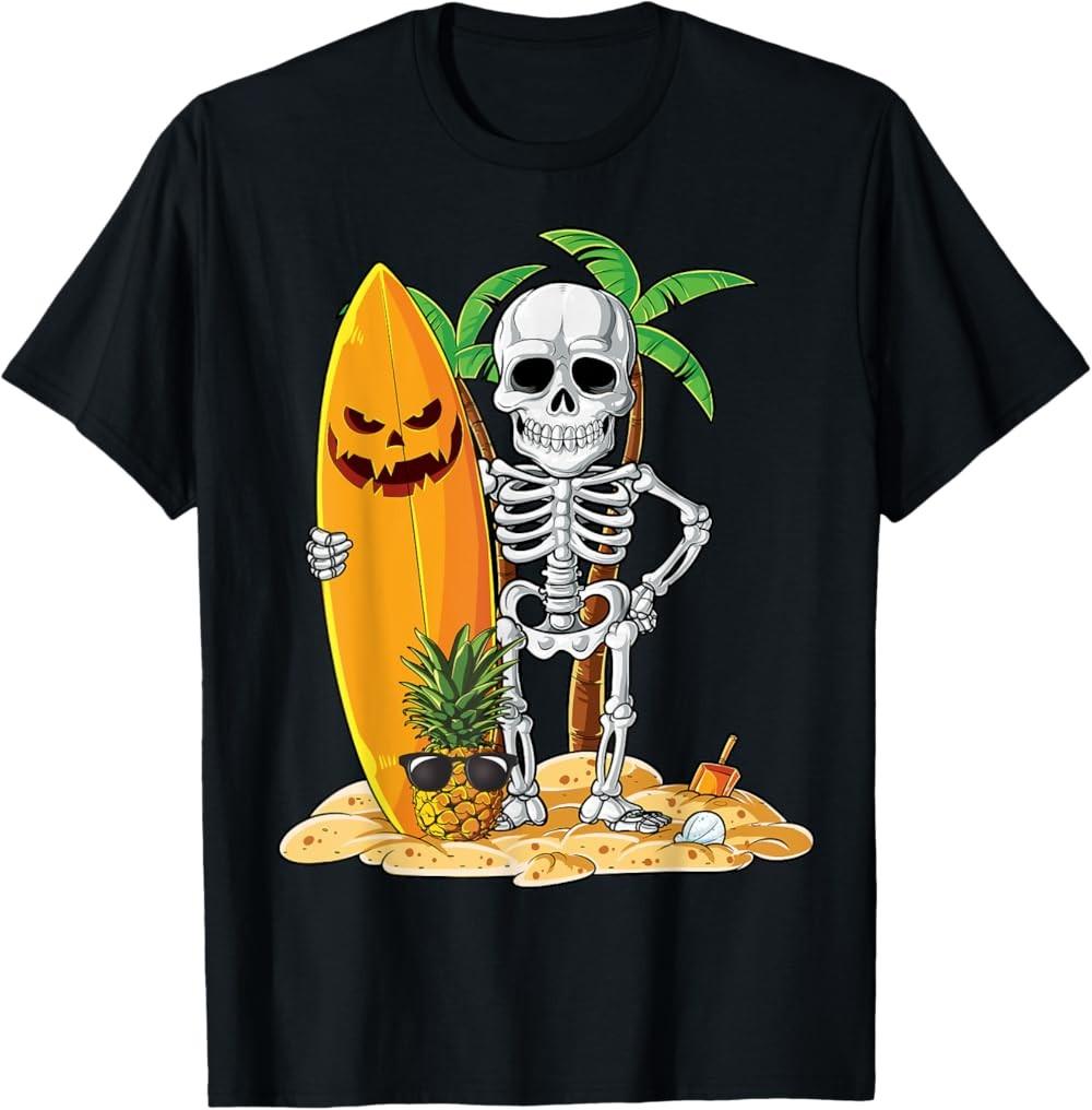 New Limited Skeleton Surfing Halloween Hawaii Hawaiian Surfer T-Shirt S