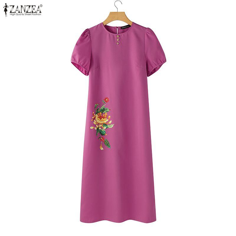 ZANZEA Women Daily Casual Round Neck Short Sleeve Floral Print Dress