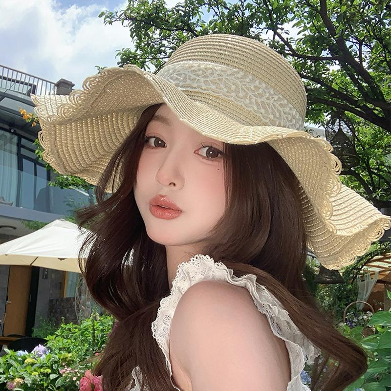 

Wave edge bow straw hat women s summer vacation wind seaside beach hat sunshade sun protection hat lace straw hat