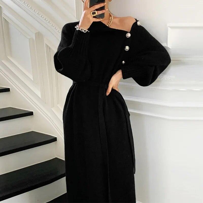 Boğazlı Kazak Örme Elbise Kadın Mizaç Uzun Kazak Hediye Kemer Tek Düğmeli Toka Sıcak Tutan Yeni Moda Sonbahar Kış