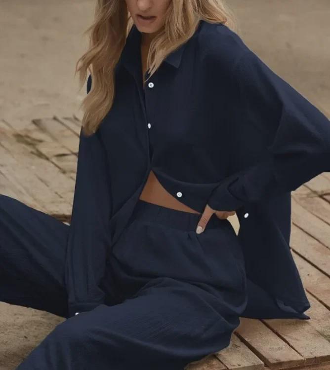 Dames Herfst 2022 Effen Kleur Casual Pak: Shirt met lange mouwen & Broek met elastische taille