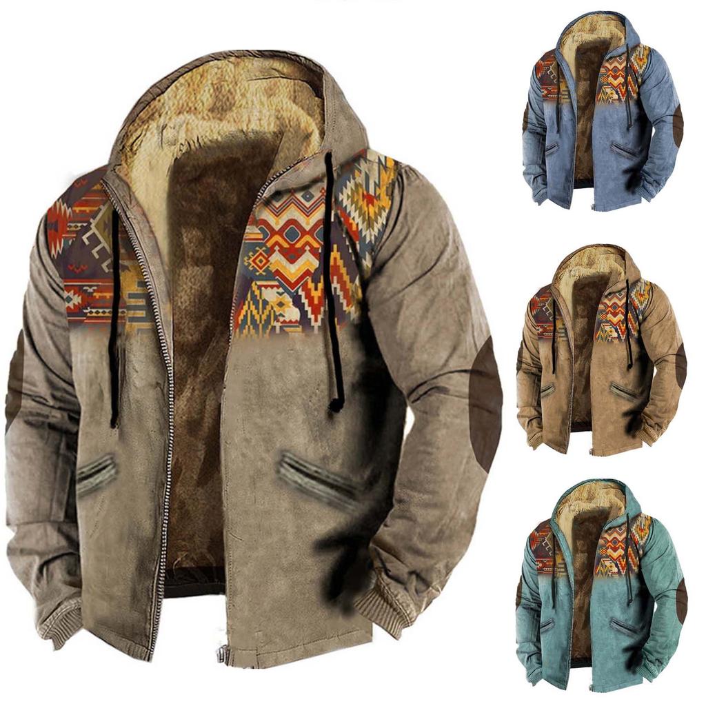 Winter Men's Vintage Lamb Wool Jacket Fashion Retro Print Hooded Zipper Fleece Lined Hoodie Outwears Warm Plush Bomber Jacket