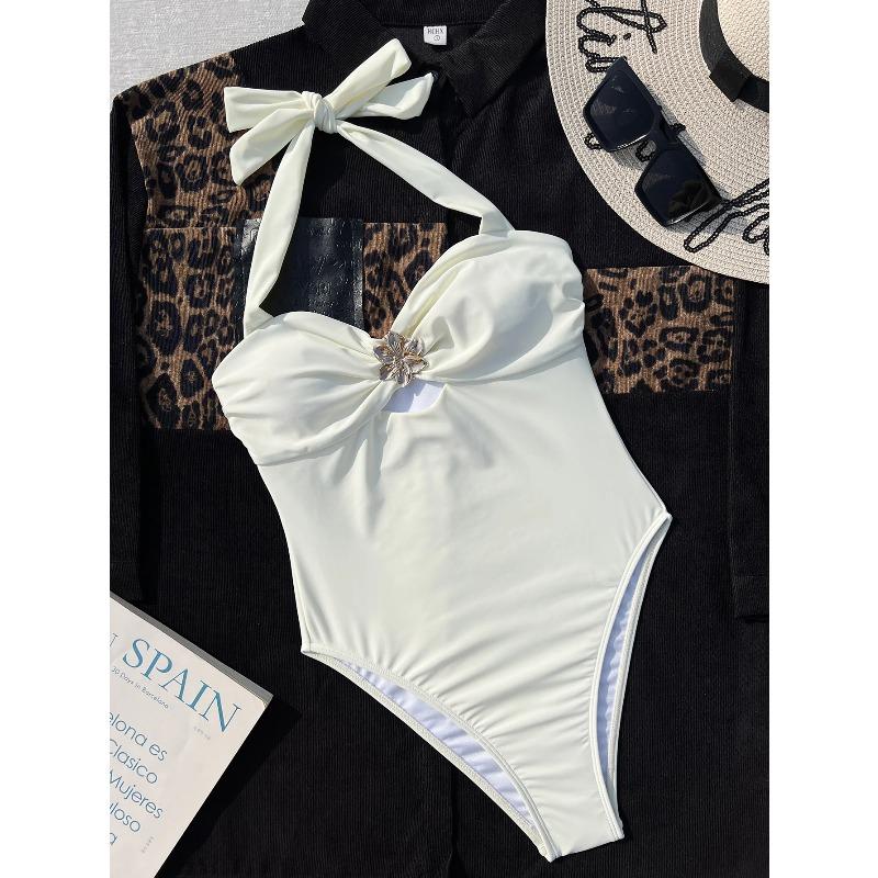 Vintage White Swimwear Women 2026 Hatler Metal Starfish Cut Out Pleate Backless One Piece Swimsuit Beach Bathing Suit Monokini