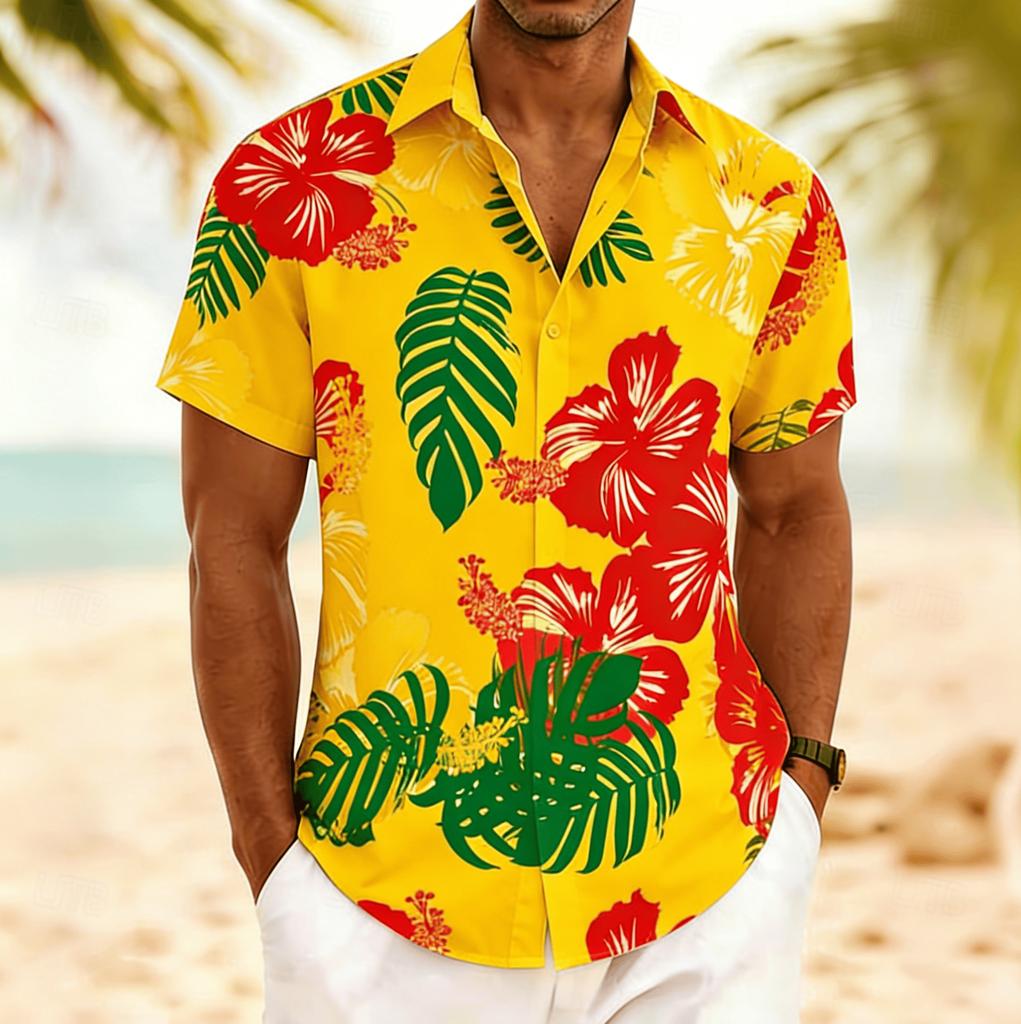 Men's Hibiscus Tropical Print Short Sleeve Shirt, Spring Summer Vibrant Hawaiian Vacation Blouse, Loose Casual Top