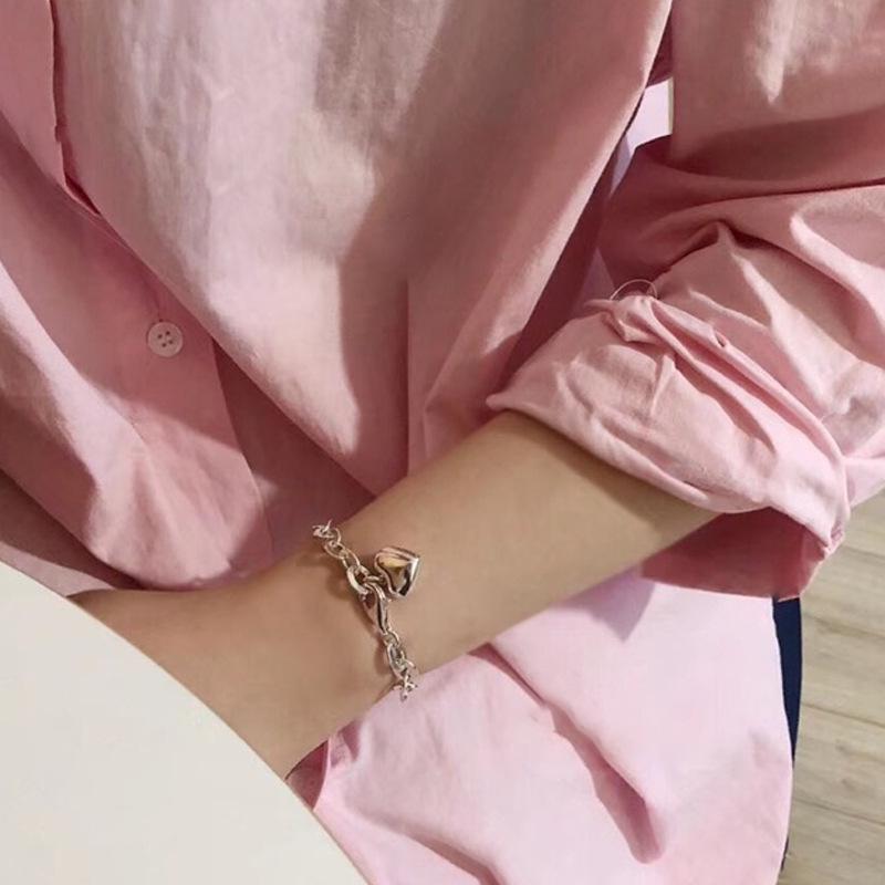 Korean 925 Sterling Silver Heart Peach Bracelet with Hollow Round Chain Design - Women's Clubbing Jewelry