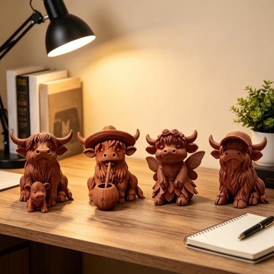 Rustic Highland Cow Ornament, Terracotta Color 3D Printed Cow Statue, Cute Highland Cow Figurine for Home Desk Shelf Farmhouse Decor