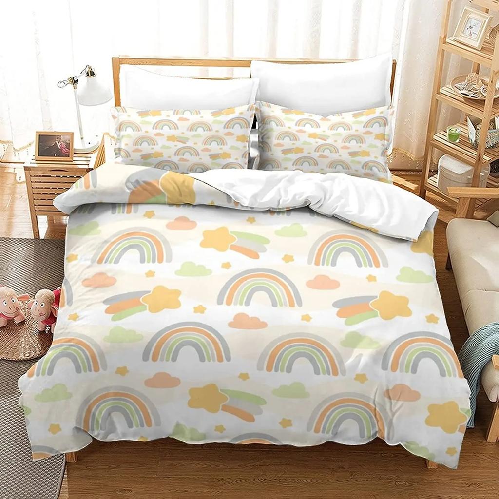 Comforter Rainbow Heart Love Bedding Set Microfiber Colorful Rainbow Clouds Comforter Twin King Size For Kids Girls