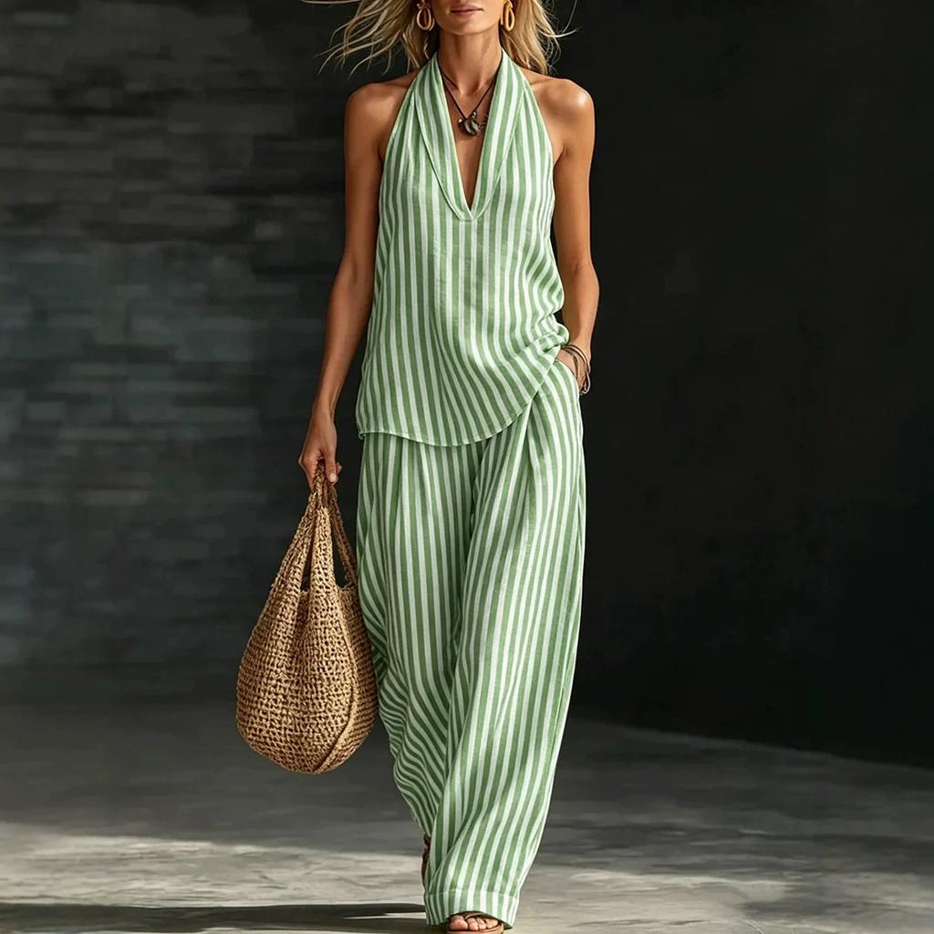 Women Striped Halter Neck Sleeveless Jumpsuit Wide Leg Pants with Pocket