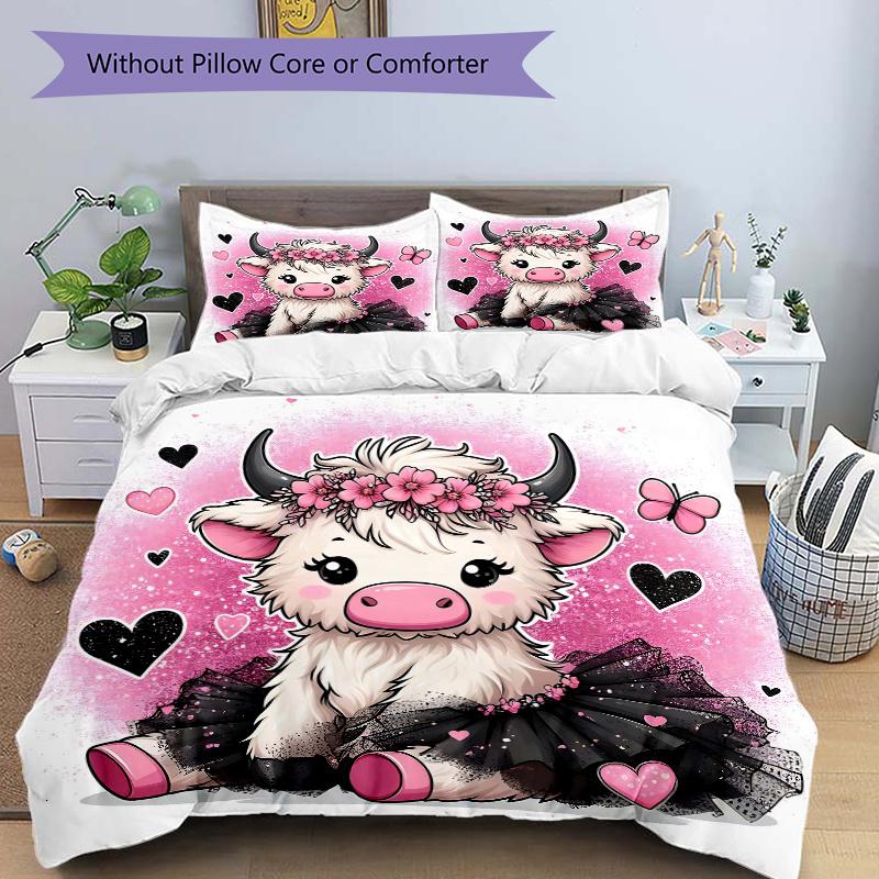 

3 шт. Набор пододеяльников Розовая корова с венком и бабочками - Мягкое и уютное постельное белье для спальни, гостевой комнаты и общежития, Декоративный набор из 3 предметов 1 пододеяльник 135x200cm