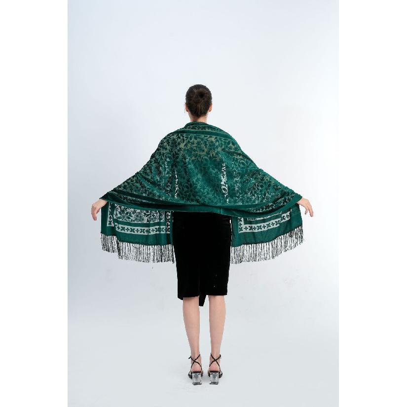190*70cm Women's Velvet Vintage Floral Rose Shawl Wrap,Sheer Mesh Lace Scarf with Tassels, Evening Shawl for Party