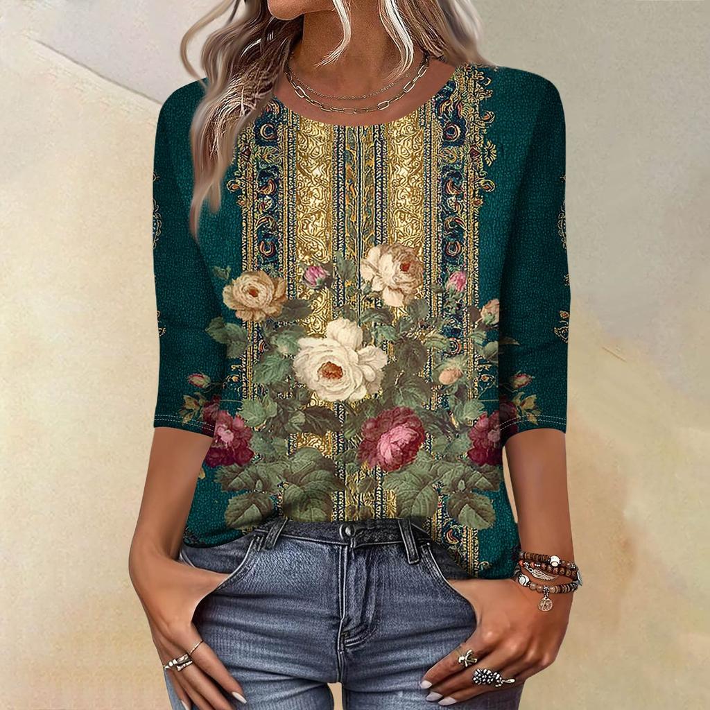 Módní vintage top s 3/4 rukávem pro ženy, dámská ležérní halenka s tříčtvrtečním rukávem a kulatým výstřihem s potiskem