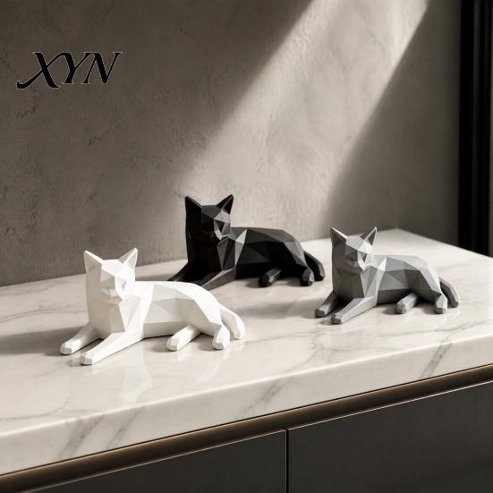 Cute Shelf Accents for Living Room 3D Printed Geometric Cat Figurine, Minimalist Desktop Sculpture Lovers, Small Desk Ornaments Lovers Nordic
