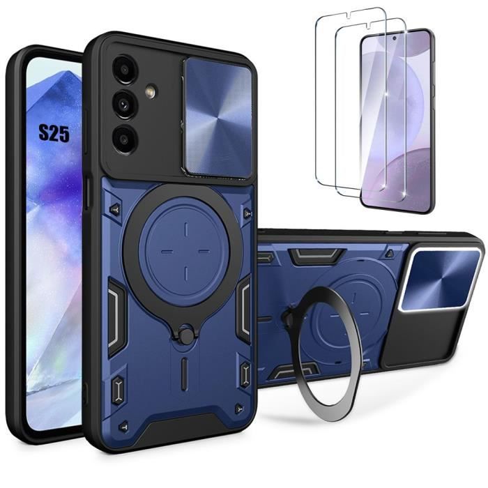 2 Verres Trempés + Coque pour Samsung Galaxy S25 Bleu Marine Anti-Rayure Renforcée Cache Caméra Support Anneau