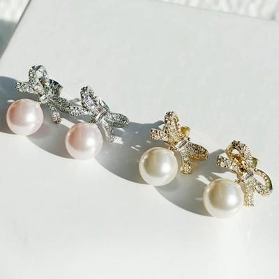 [Juana Yoon] Pearl Earrings Ribbon Cubic Silver Needle Earrings