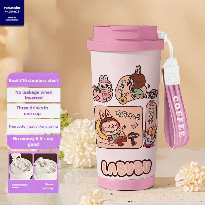 Tecknad Rostfri Stålkopp Högvärdig Termosmugg 3D Dubbel Drickstrå Kaffekopp