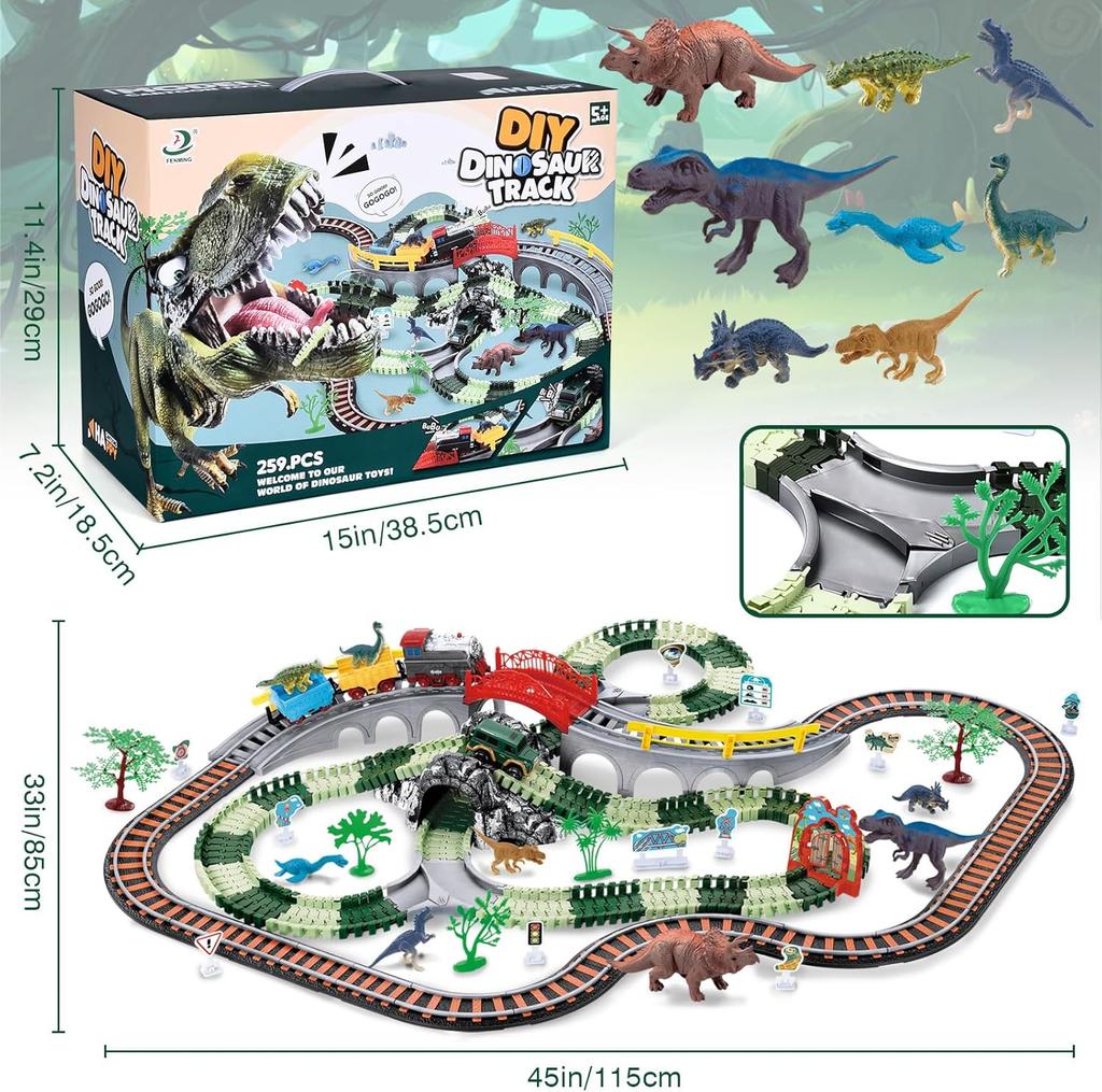 JONRRYIN Elektrische Eisenbahn: 259 Teile Dino Zug Set mit Zug, Straßenfahrzeugen, Rennstrecke. Geeignet für Kinder von 2-7 Jahren