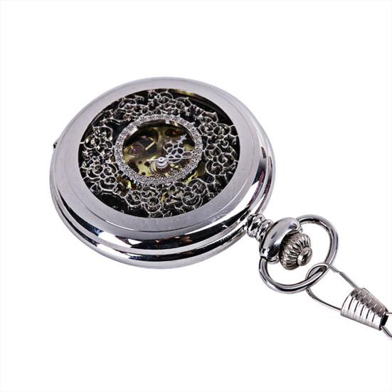 Retro Unisex Hollow Flower Round Dial Hand Winding Chain Mechanical Pocket Watch