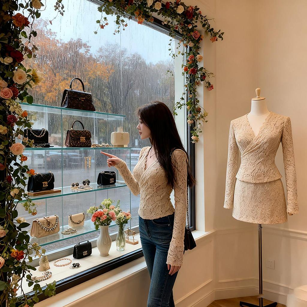 Pure Desire V-Neck Crochet Lace Shirt: Women's Long-Sleeve Slim-Fit T-Shirt for Autumn/Winter, Hot Girl Style, Short Top.