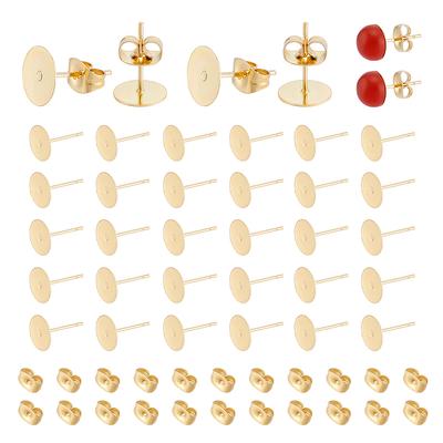 150Pcs 304 Stainless Steel Stud Earring Findings, with 150Pcs 304 Stainless Steel Ear Nuts, Flat Round, Real 24K Gold Plated, 12x8x0.3mm, Pin: 0.8mm