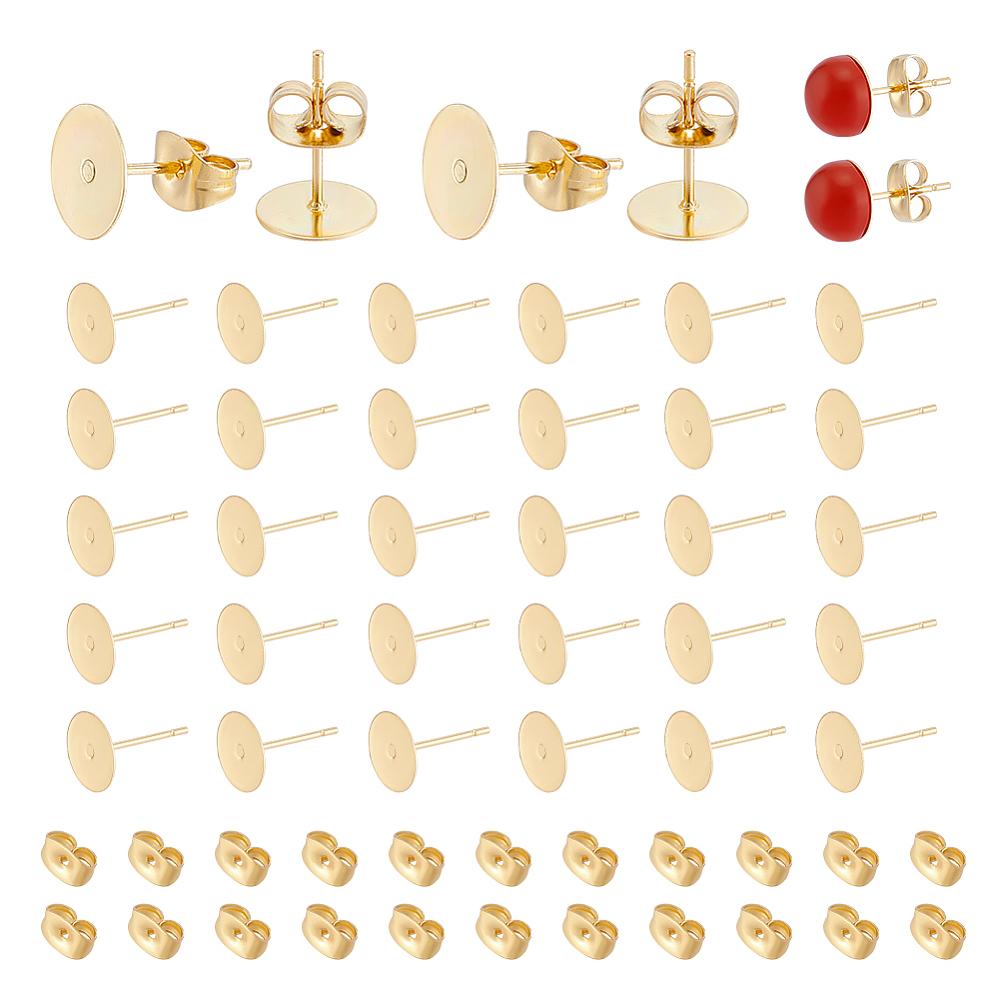 150Pcs 304 Stainless Steel Stud Earring Findings, with 150Pcs 304 Stainless Steel Ear Nuts, Flat Round, Real 24K Gold Plated, 12x8x0.3mm, Pin: 0.8mm
