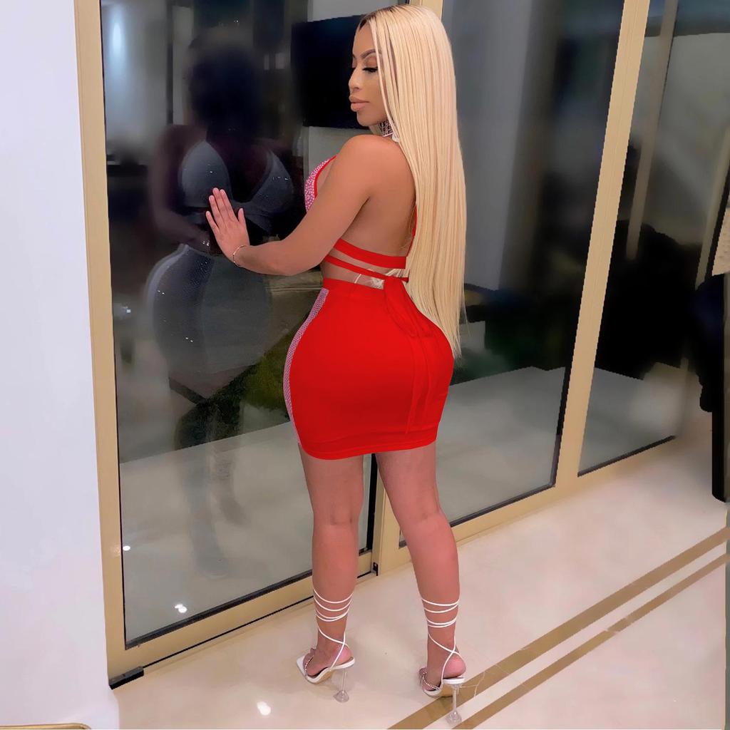 C3645 Fashion European & American Nightclub Skirt: Hot Drilling, Cross Straps, Backless Two-Piece Set