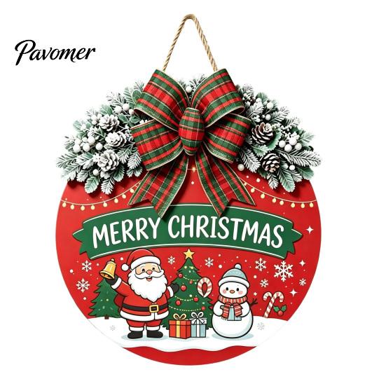 Indoor Outdoor Porch Ornament Christmas Wooden Welcome Sign for Front Door, Round Hanging with Handmade Craft Artificial Pine Branches & Bow