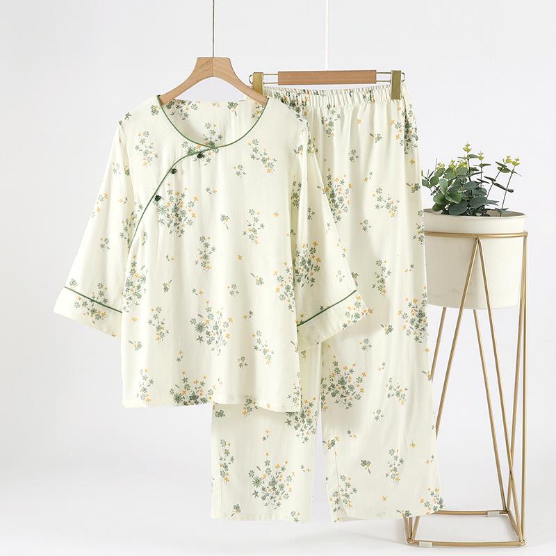 Baumwoll-Bambus-Pyjama mit neun Ärmeln für Damen - Kühl, lockere Passform für Frühling/Sommer, für drinnen und draußen