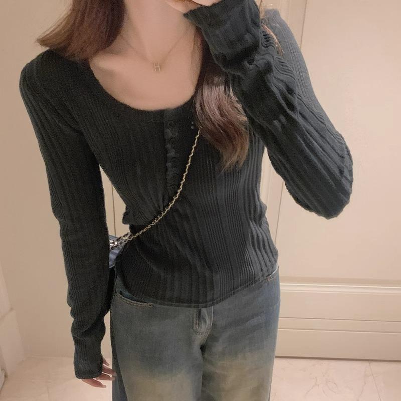 American half-open collar long-sleeved T-shirt for women in winter new hot girl pure lust style slim and western style inner layering shirt top