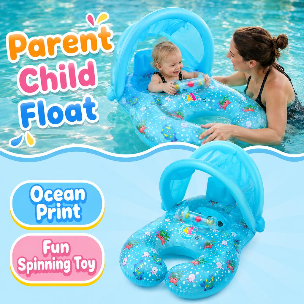 1PC Parent Child Baby Pool Float with Removable Canopy, Inflatable Swim Ring Seat Backrest, Sunshade Water Toy for Swimming Pool