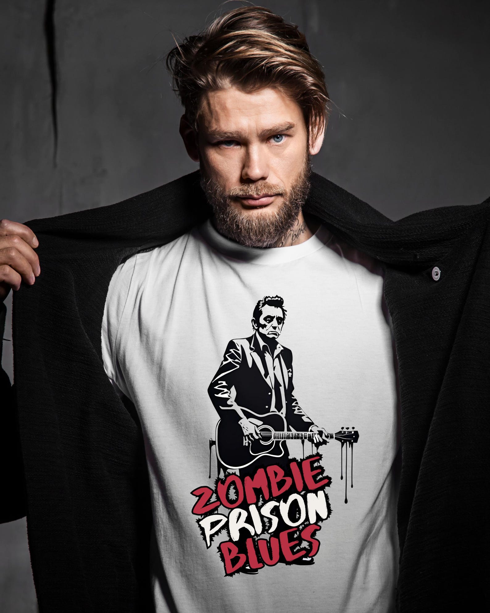 Johnny Cash Zombie T-Shirt: Banksy Style Halloween Streetwear S