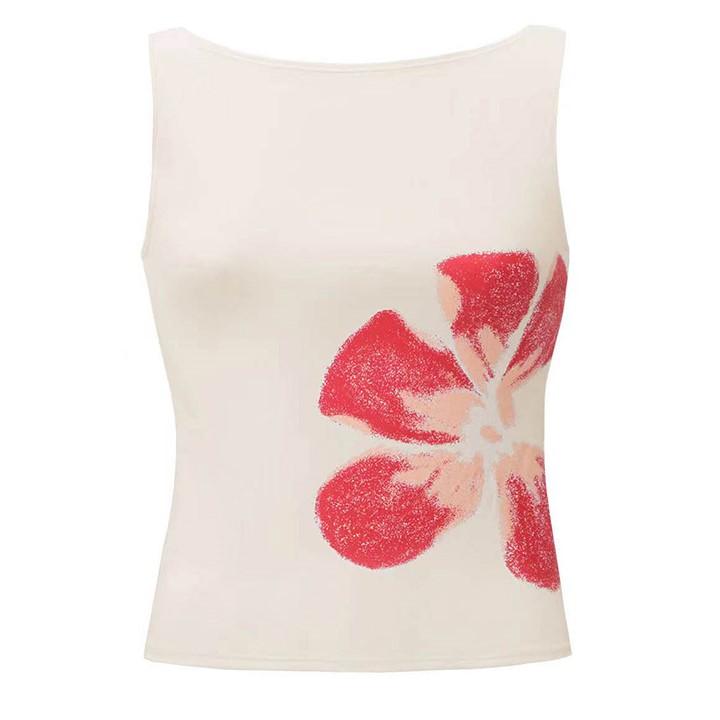 

2025 Новая Мода Женские Укороченные Майки В Облежку С Цветочным Принтом Вырез Лодочкой Без Рукавов Летние Топы для Вечеринки Клуба L белый