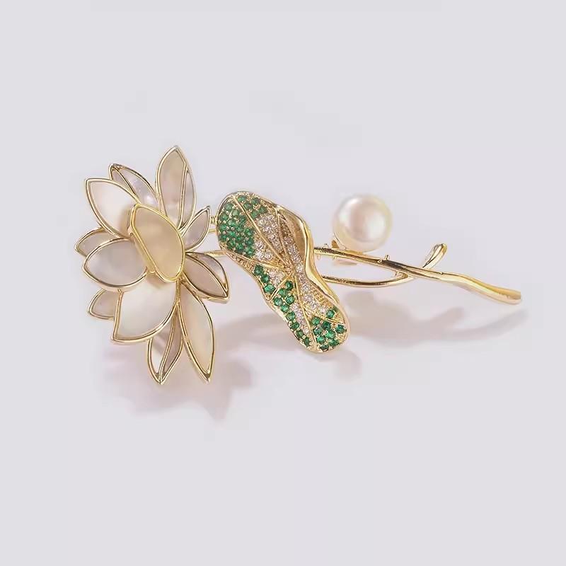 National Style Lotus Pond Moonlight Brooch Femininity Imitation Fritillary Pearl Lotus Leaf Lotus Pin Delicate Suit Corsage Accessories