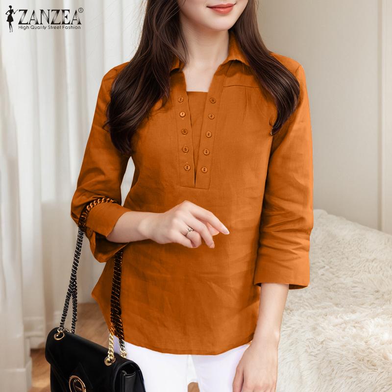 ZANZEA Women Turn Down Collar Solid Color Casual 3/4 Sleeve Blouse