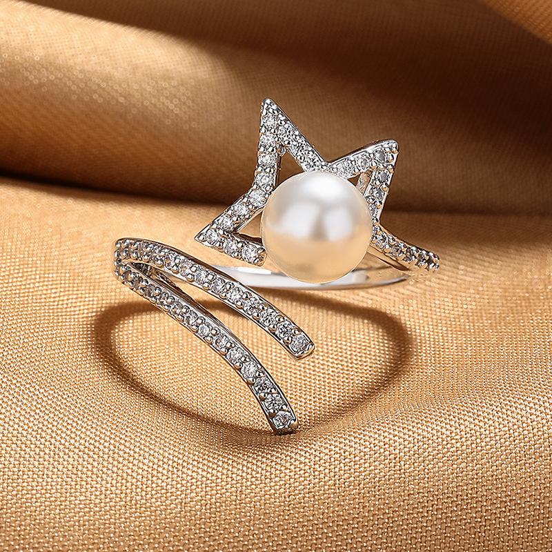 2026 Open Pearl Ring Women's Micro Inlaid with Diamonds Niche High-end Star Ring Jewelry Accessories Empty Holder