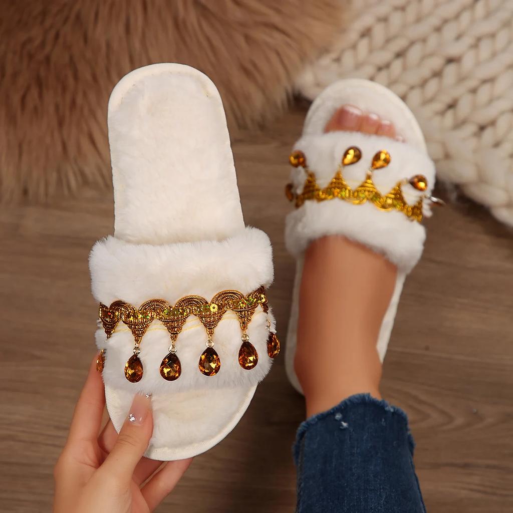 Fashion Bohemia Rhinestones Tassel Furry Indoor Slippers Women 2025 Winter Warm Short Plush Non Slip Home Slippers White Cotton Slides