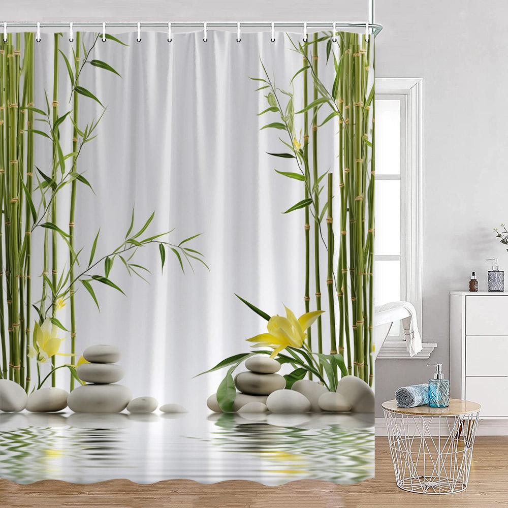 Zen Zasłony Prysznicowe Czarny Kamień Zielony Bambus Lotos Spa Świeca Fioletowa Orchidea Naturalny Liść Zasłona Łazienkowa Medytacja Wystrój Kąpieli