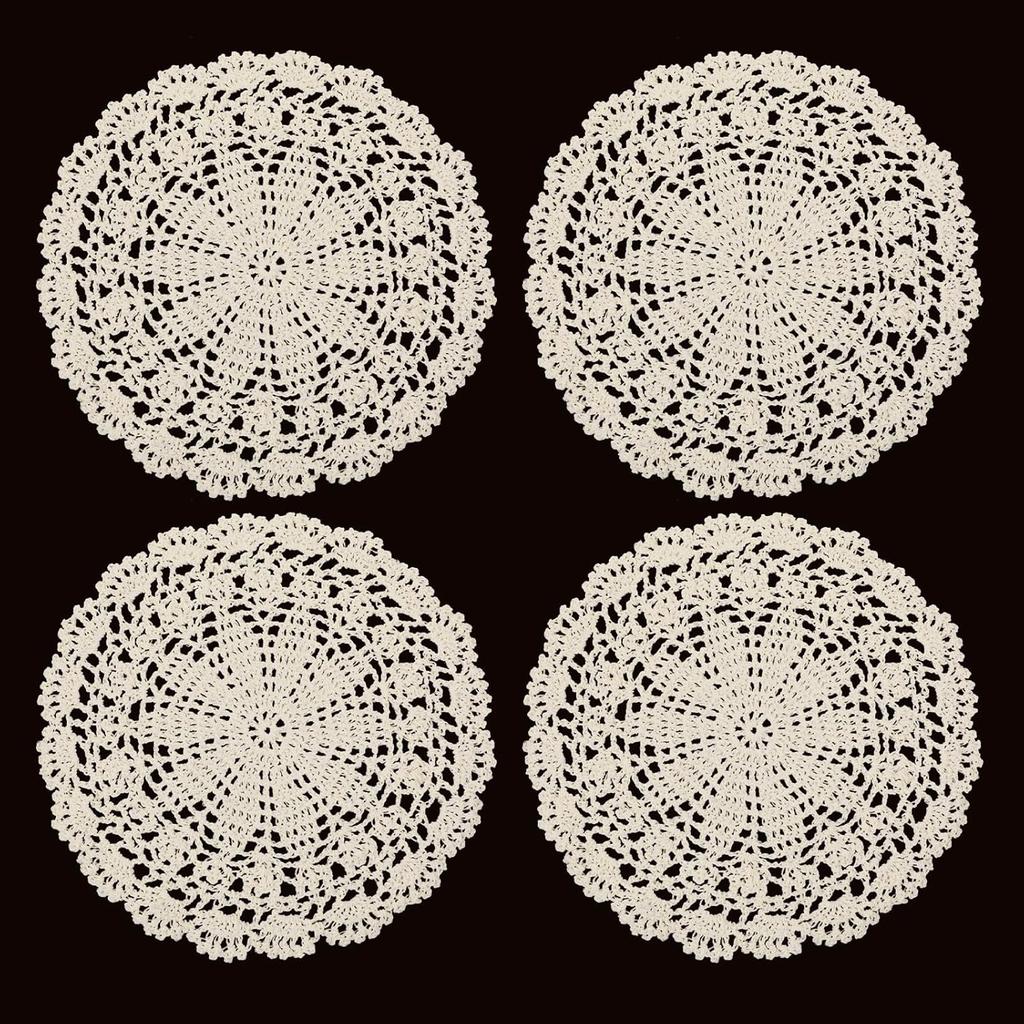 4 Pcs Crochet Doilies for Tables, 10 Inch Vintage Doilies for Furniture Round Cotton Placemats Knitted Tablecloth Corrugated Edge Place Mats for