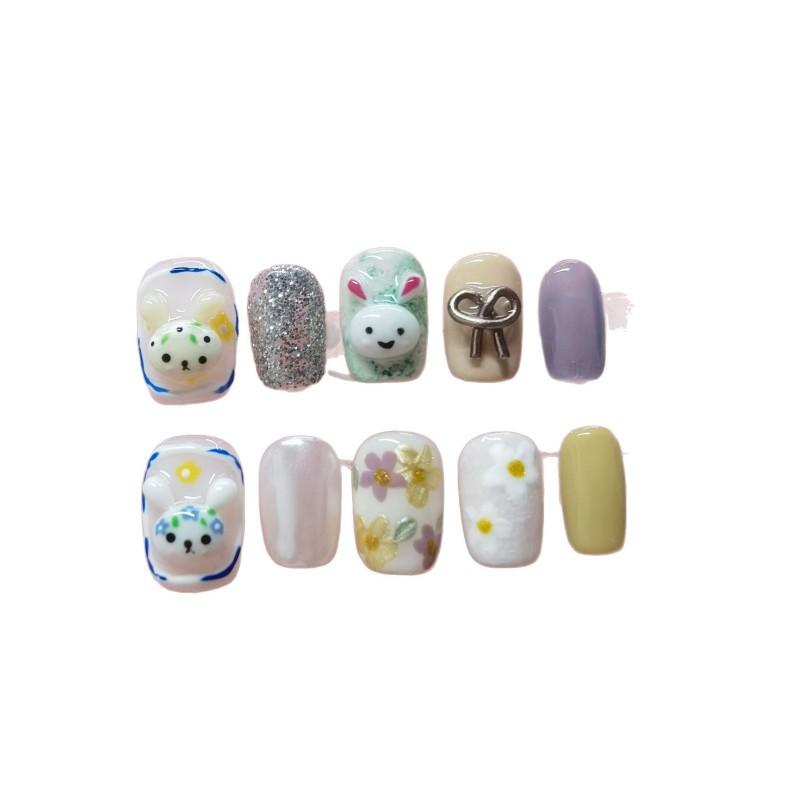 Handmade Press-On Nails Short Square Style Cute Cartoon Yellow Design Wearable Nail Tips Women Girls