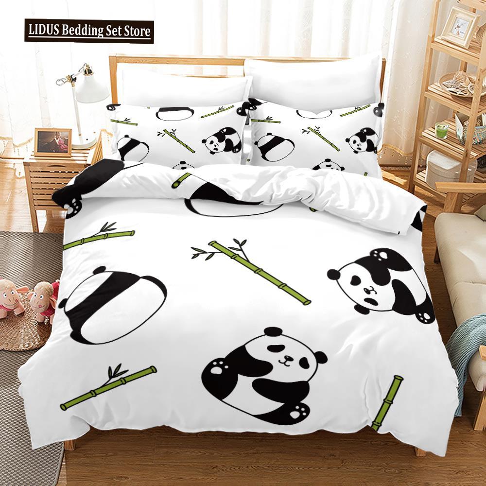 3D Panda Duvet Cover Set King Size Cute Panda Bamboo Bedding Set Black White Bear Polyester Quilt Cover For Boy Kid For Bedroom