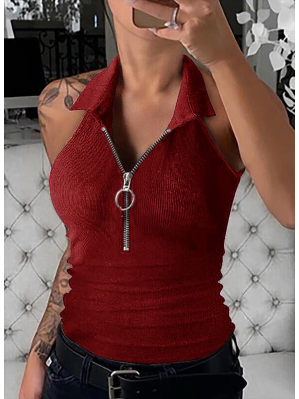 2024 Women's Fashion Casual Solid Color Ribbed Zip-Up Vest T-Shirt with Turn-Down Collar for Spring/Summer