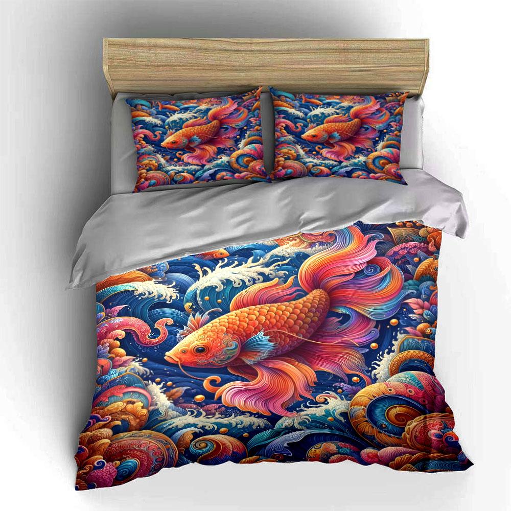 Colorful Fish Art Trio Decor 3Pc Multiple Sizes Kid'S And Adults' Bedroom Exquisite 3Pc Bedding Set, Gift