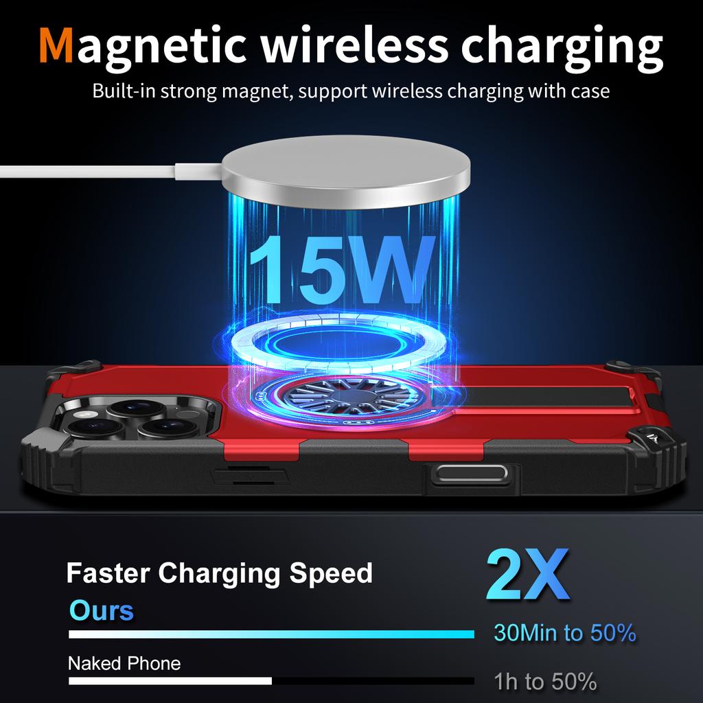 For iPhone 16 Pro Magnetic Case Kickstand TPU+PC Drop Defend Phone Cover