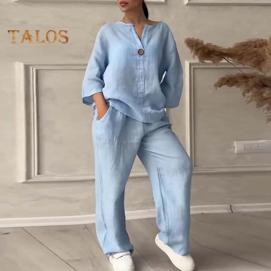 2 pièces/ensemble chemisier pantalon ensemble col en V manches longues bouton décor haut jambe large cordon de serrage taille élastique pantalon OL Commute décontracté tenue de maison