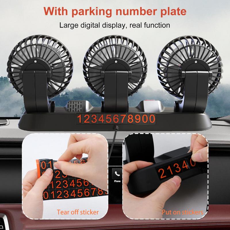 Ventola di Raffreddamento per Auto a 3 Teste con Porta Targa con Numero di Parcheggio USB /12V/24V Ventole Elettriche Auto Ventola Silenziosa Automatica Ruotabile a 360 Gradi Auto