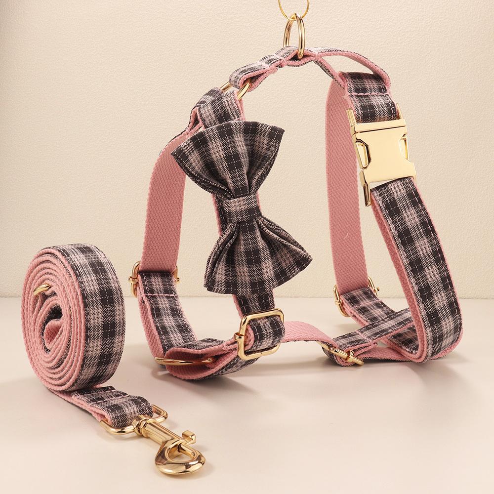 Plaid Pet Walking Harness Set with Bow Design, Adjustable Vest Collar Leash Kit for Small Dogs