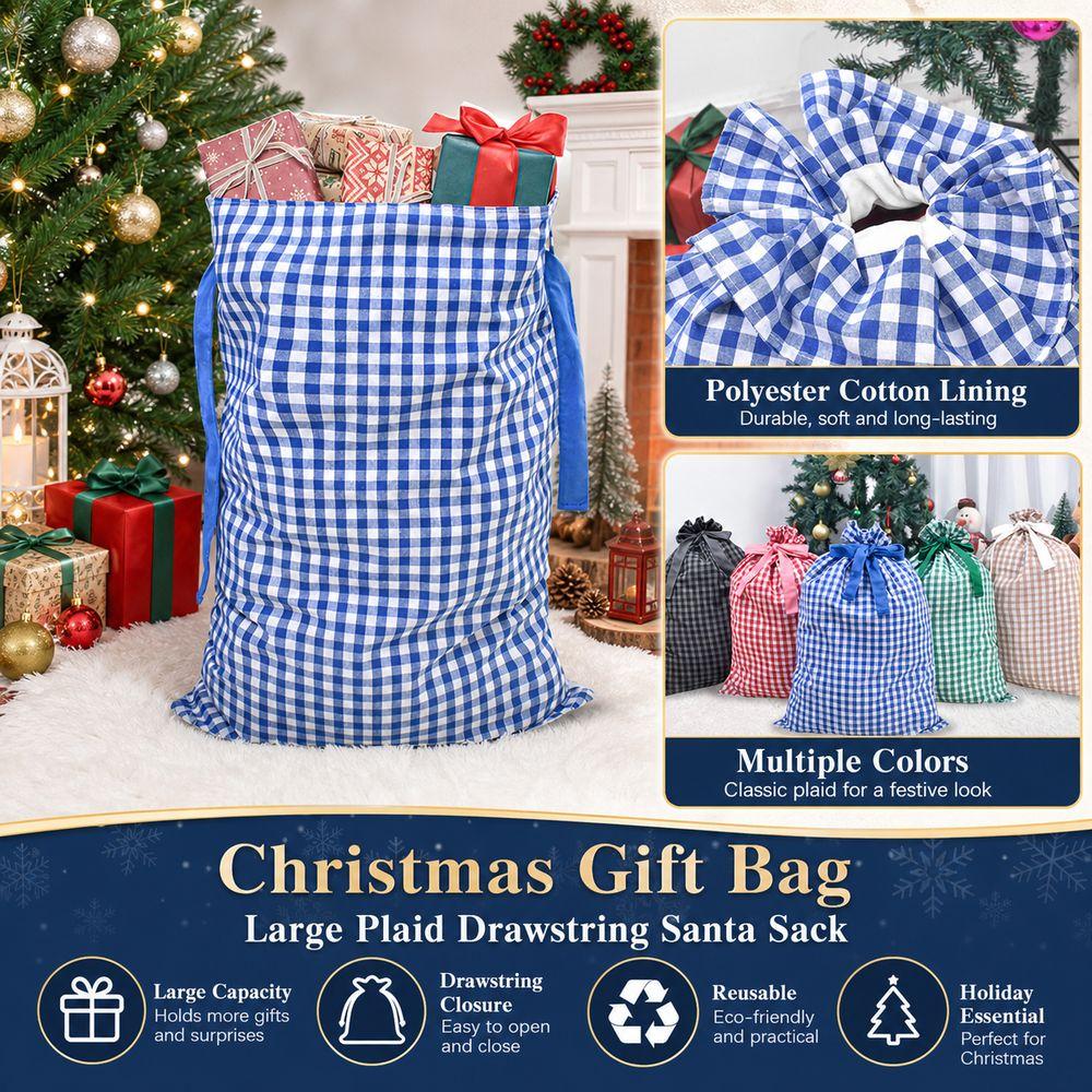 Plaid Pattern Christmas Present Bag Drawstring Closure Drawstring Christmas Sack Merry Christmas